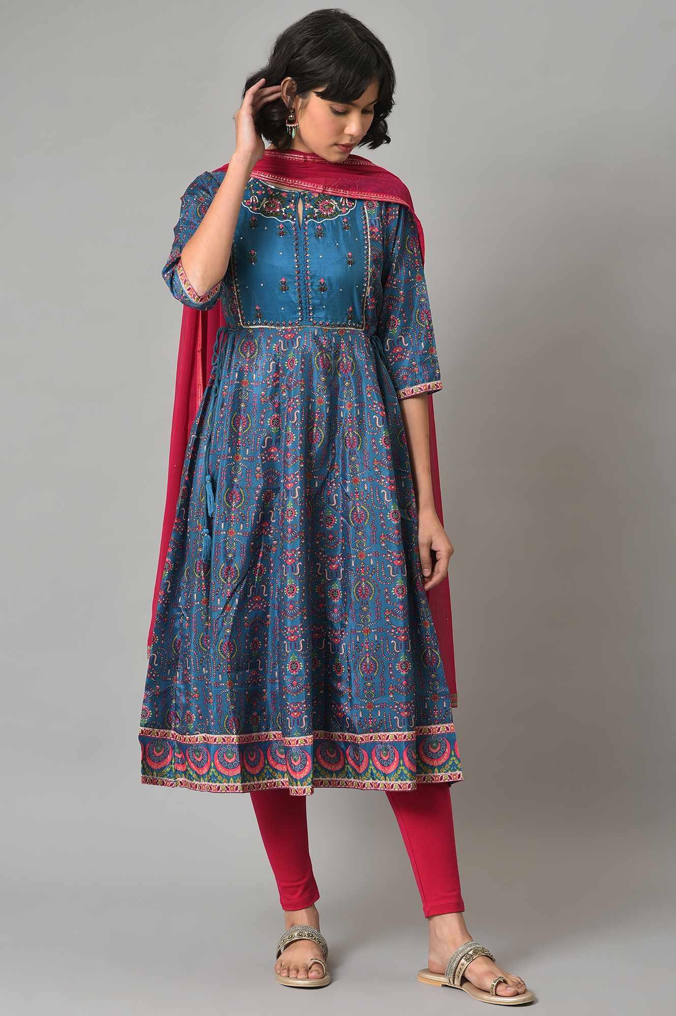 Dark Blue kurta With Pink Tights And Dupatta - wforwoman