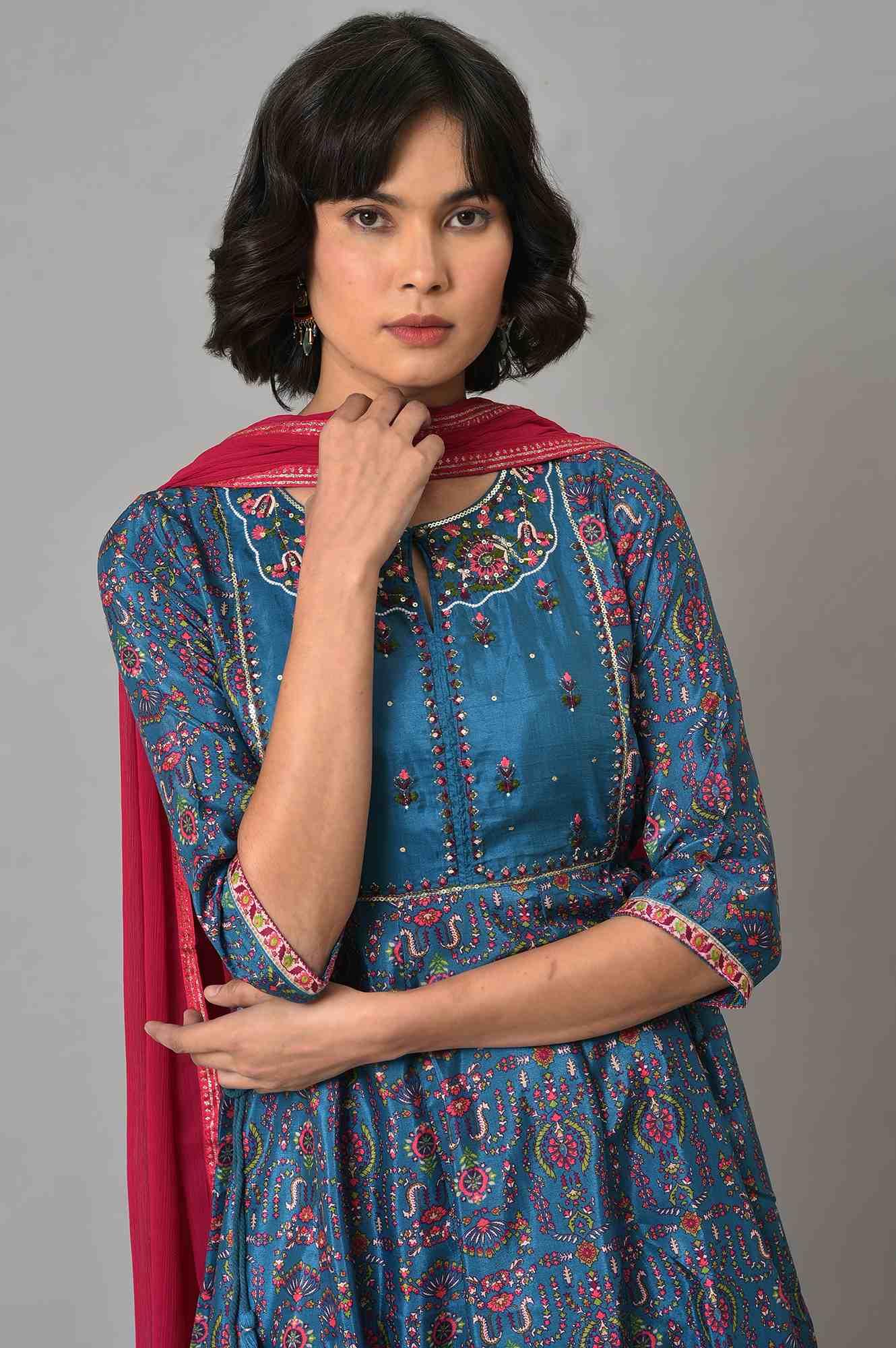 Dark Blue kurta With Pink Tights And Dupatta - wforwoman