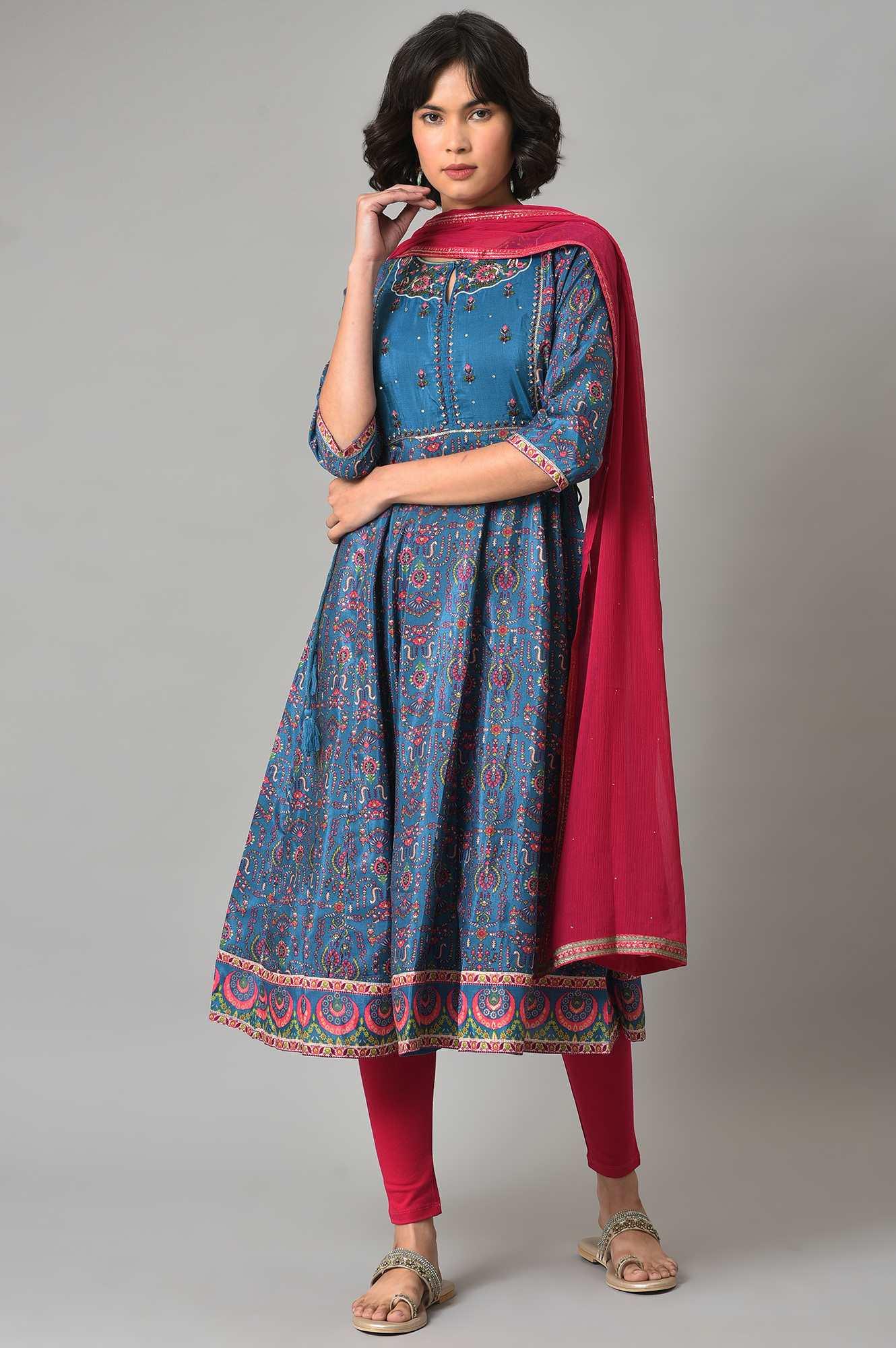 Dark Blue kurta With Pink Tights And Dupatta - wforwoman