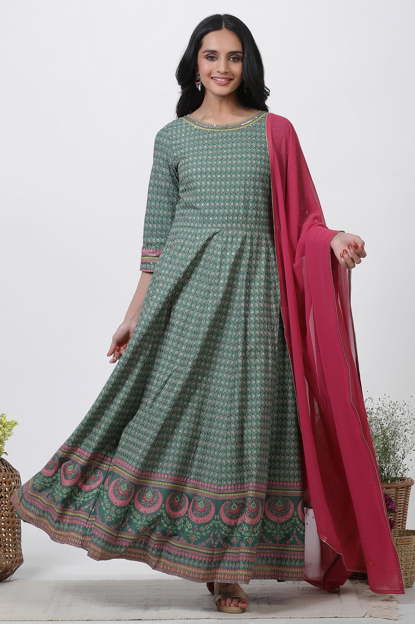 Green Glitter Printed Kalidar Dress And Dupatta Set