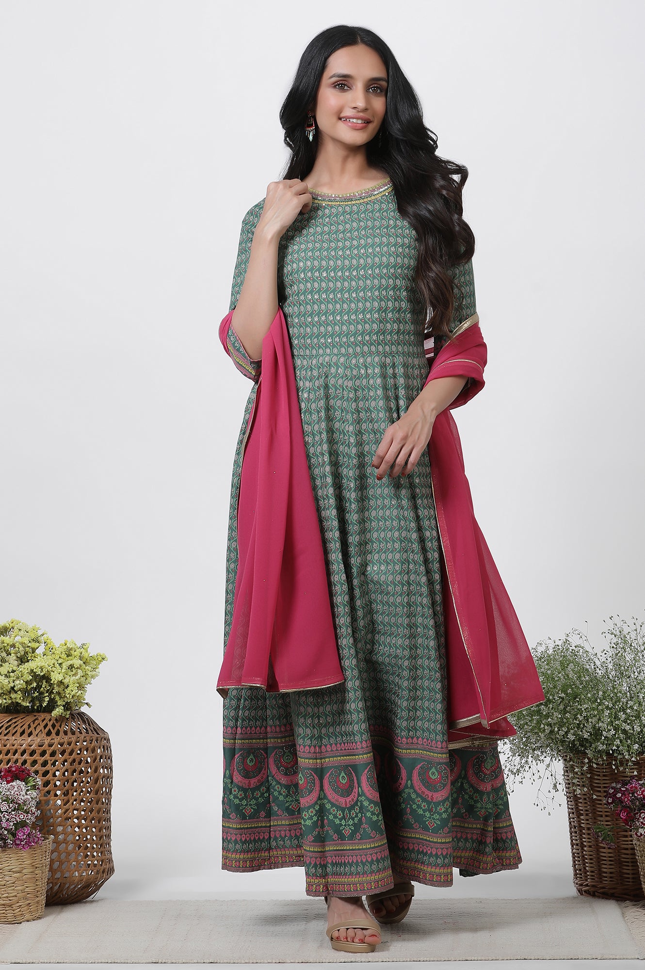 Green Glitter Printed Kalidar Dress And Dupatta Set