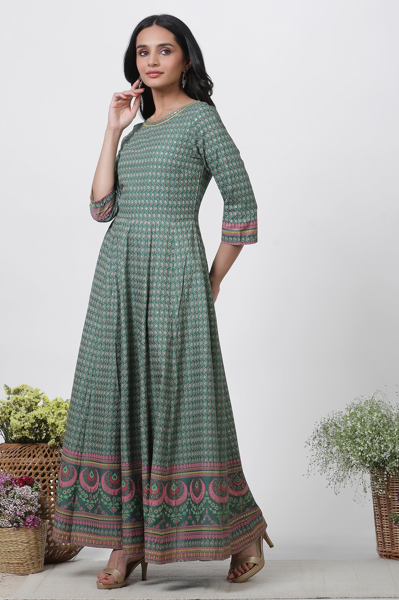 Green Glitter Printed Kalidar Dress And Dupatta Set