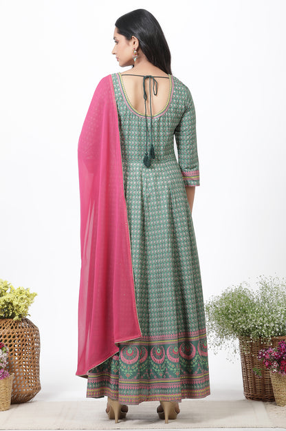 Green Glitter Printed Kalidar Dress And Dupatta Set