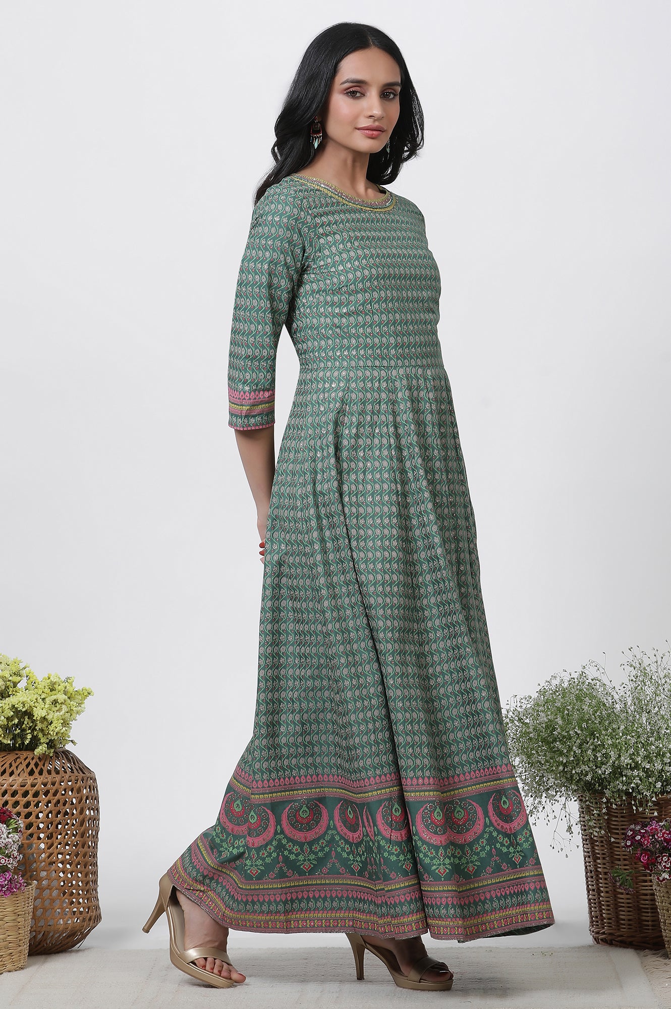 Green Glitter Printed Kalidar Dress And Dupatta Set