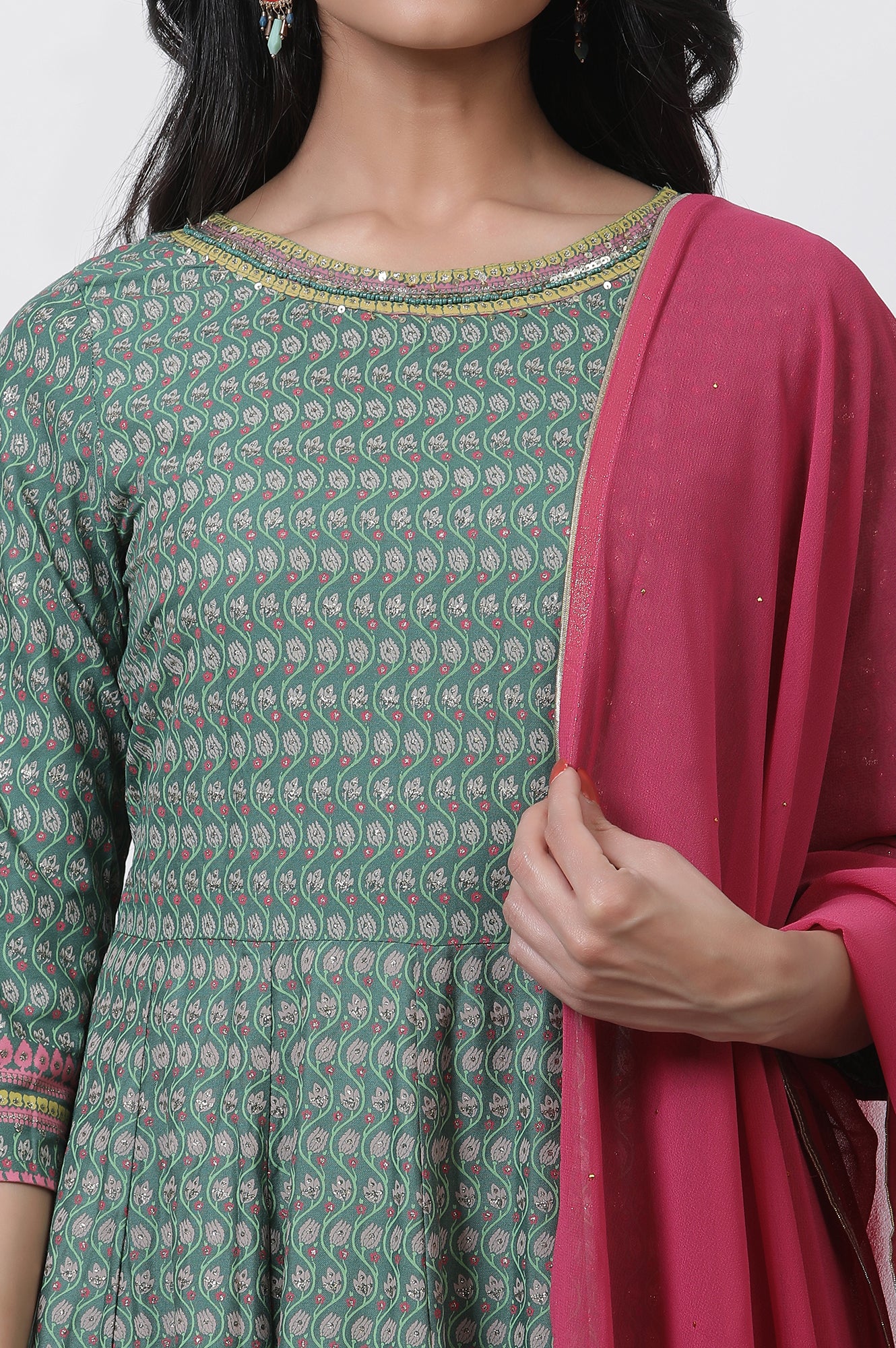 Green Glitter Printed Kalidar Dress And Dupatta Set