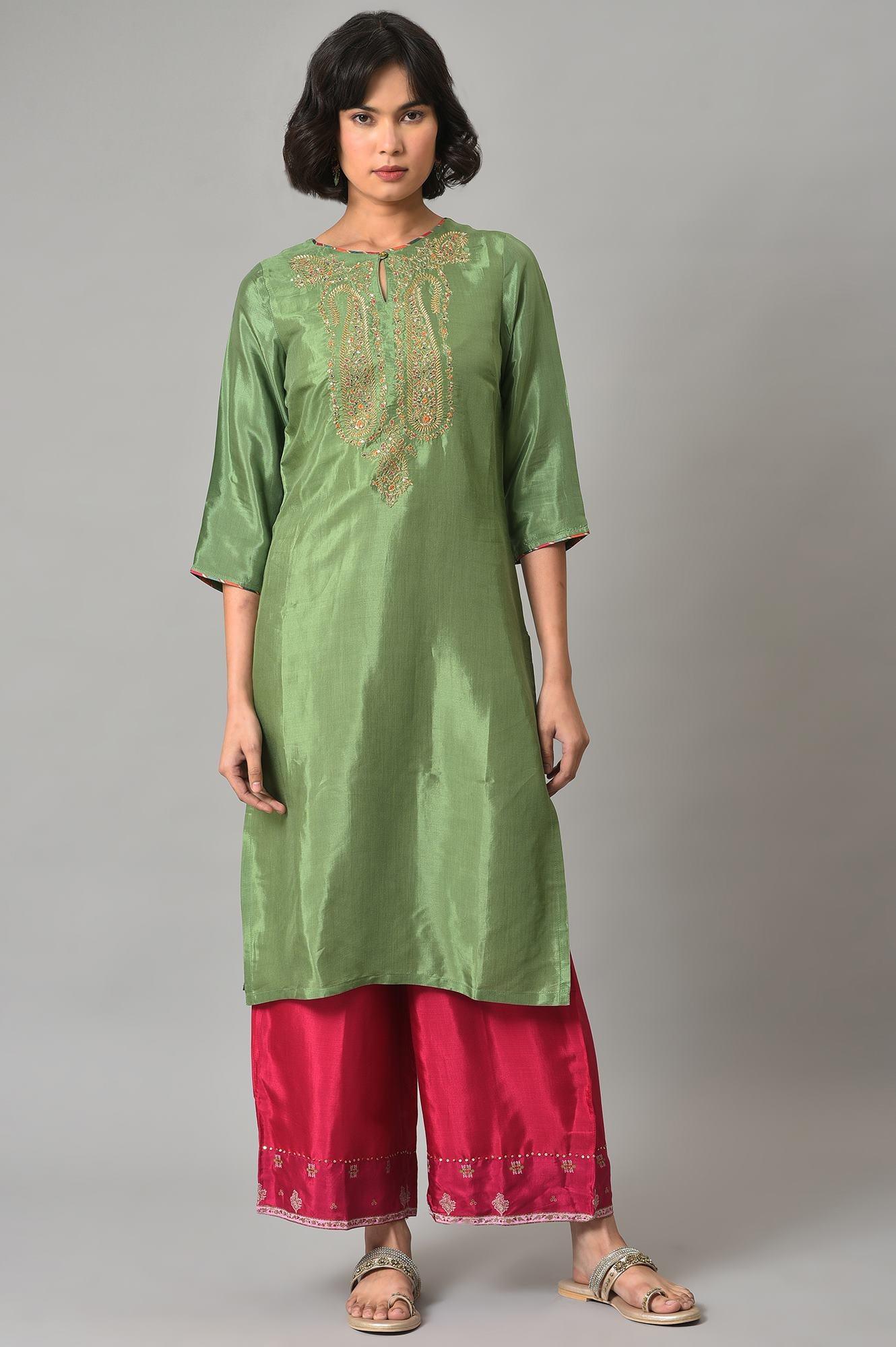 Dark Green Embroidered Festive kurta With Pink Parallel Pants - wforwoman