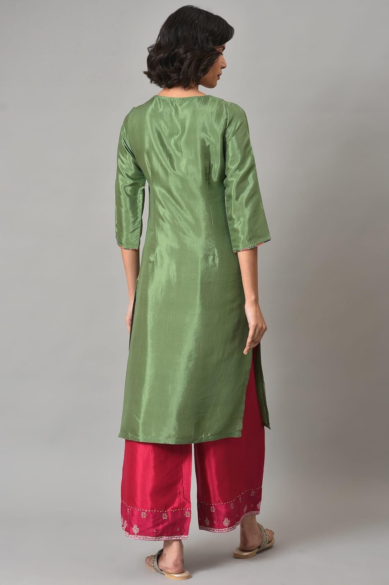 Dark Green Embroidered Festive kurta With Pink Parallel Pants - wforwoman