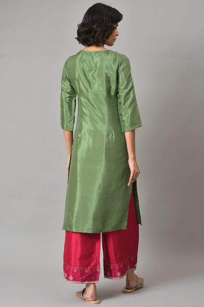 Dark Green Embroidered Festive kurta With Pink Parallel Pants - wforwoman