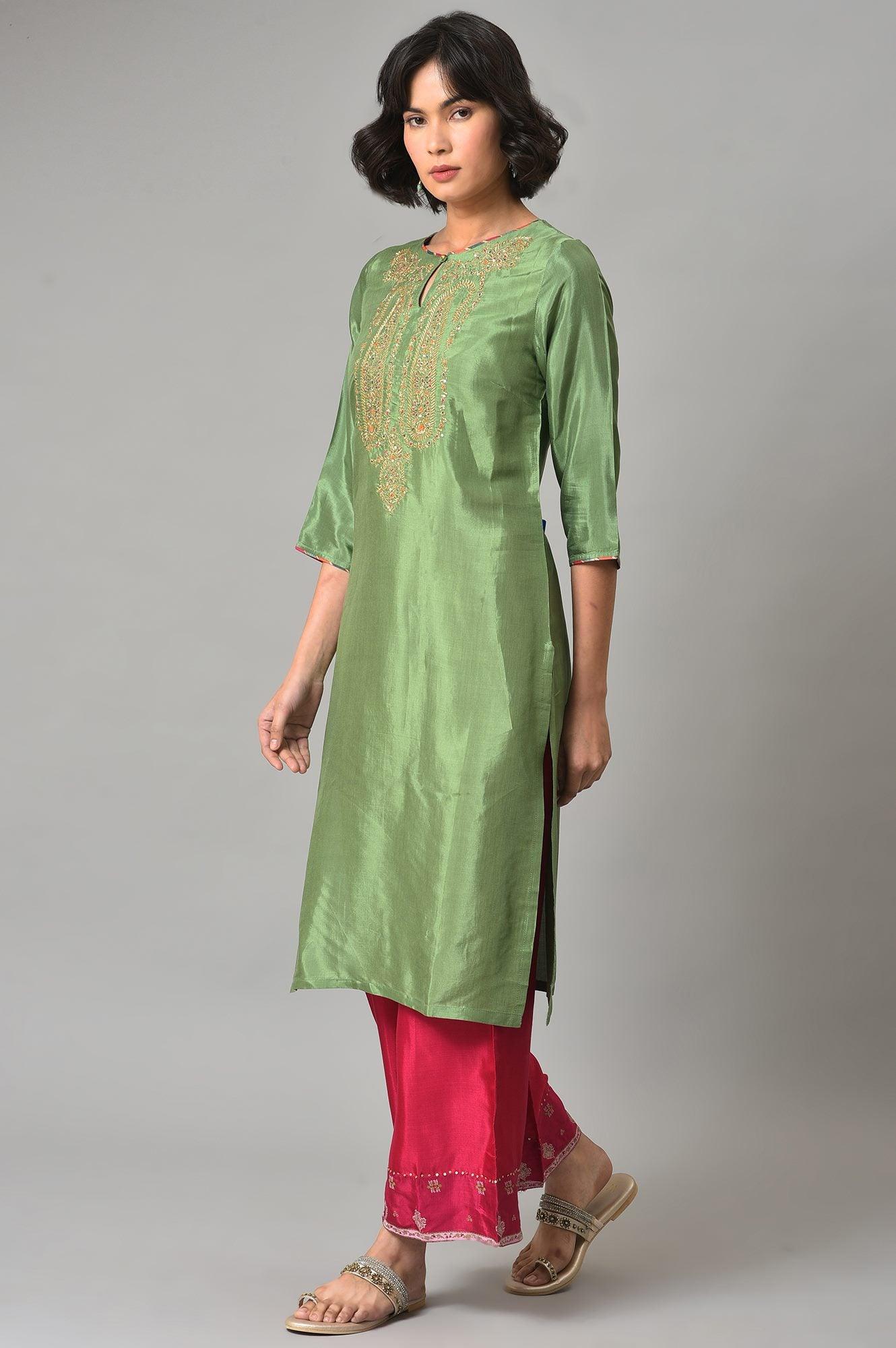 Dark Green Embroidered Festive kurta With Pink Parallel Pants - wforwoman