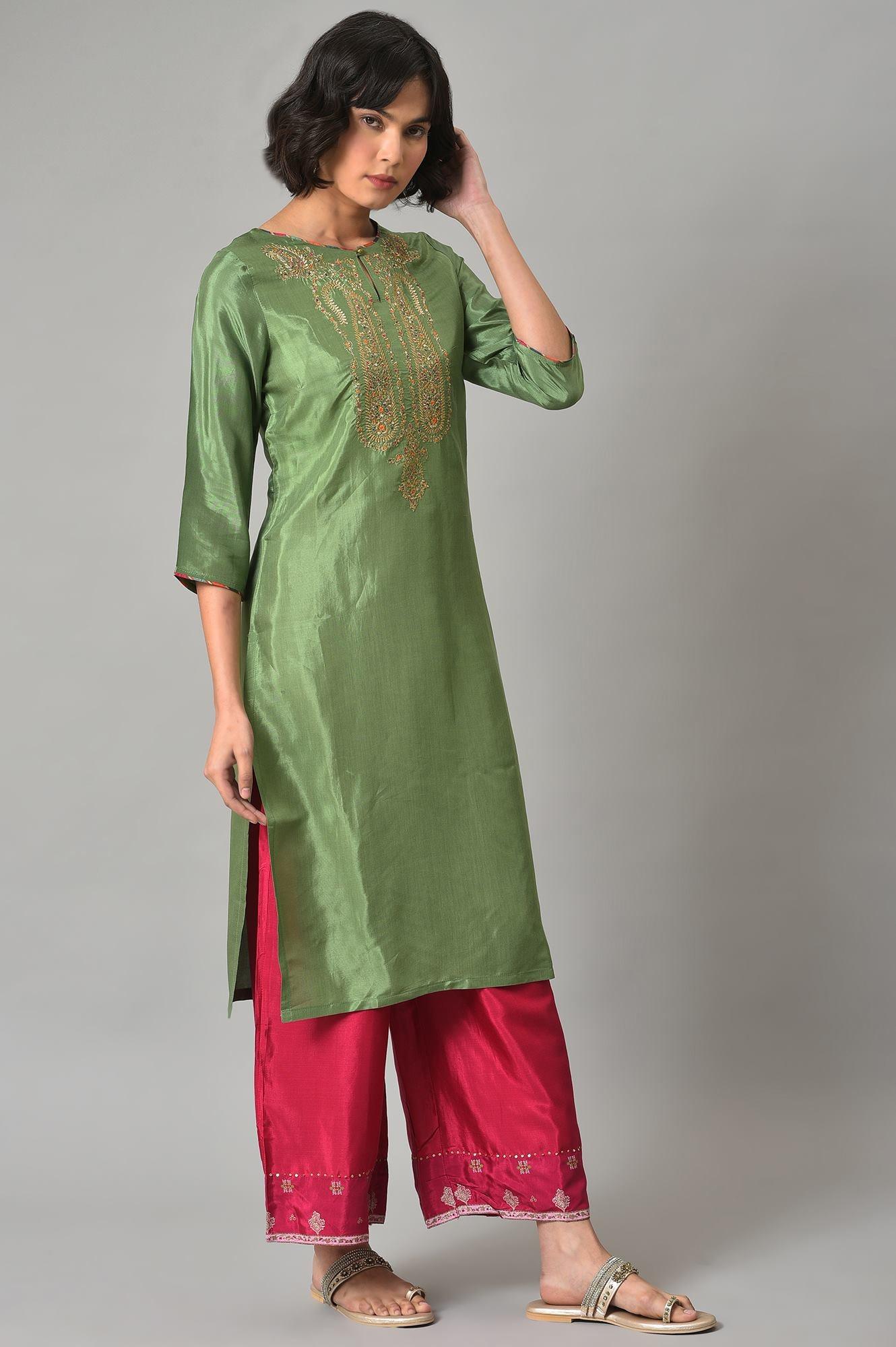 Dark Green Embroidered Festive kurta With Pink Parallel Pants - wforwoman