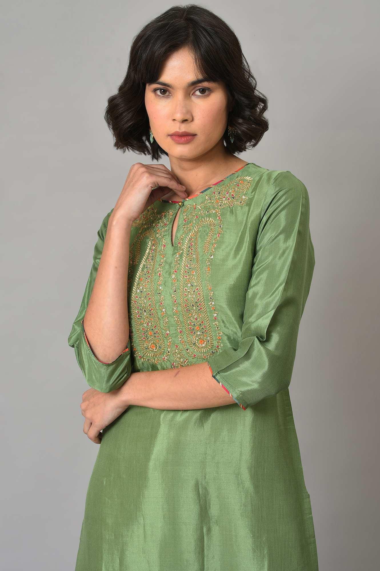 Dark Green Embroidered Festive kurta With Pink Parallel Pants - wforwoman