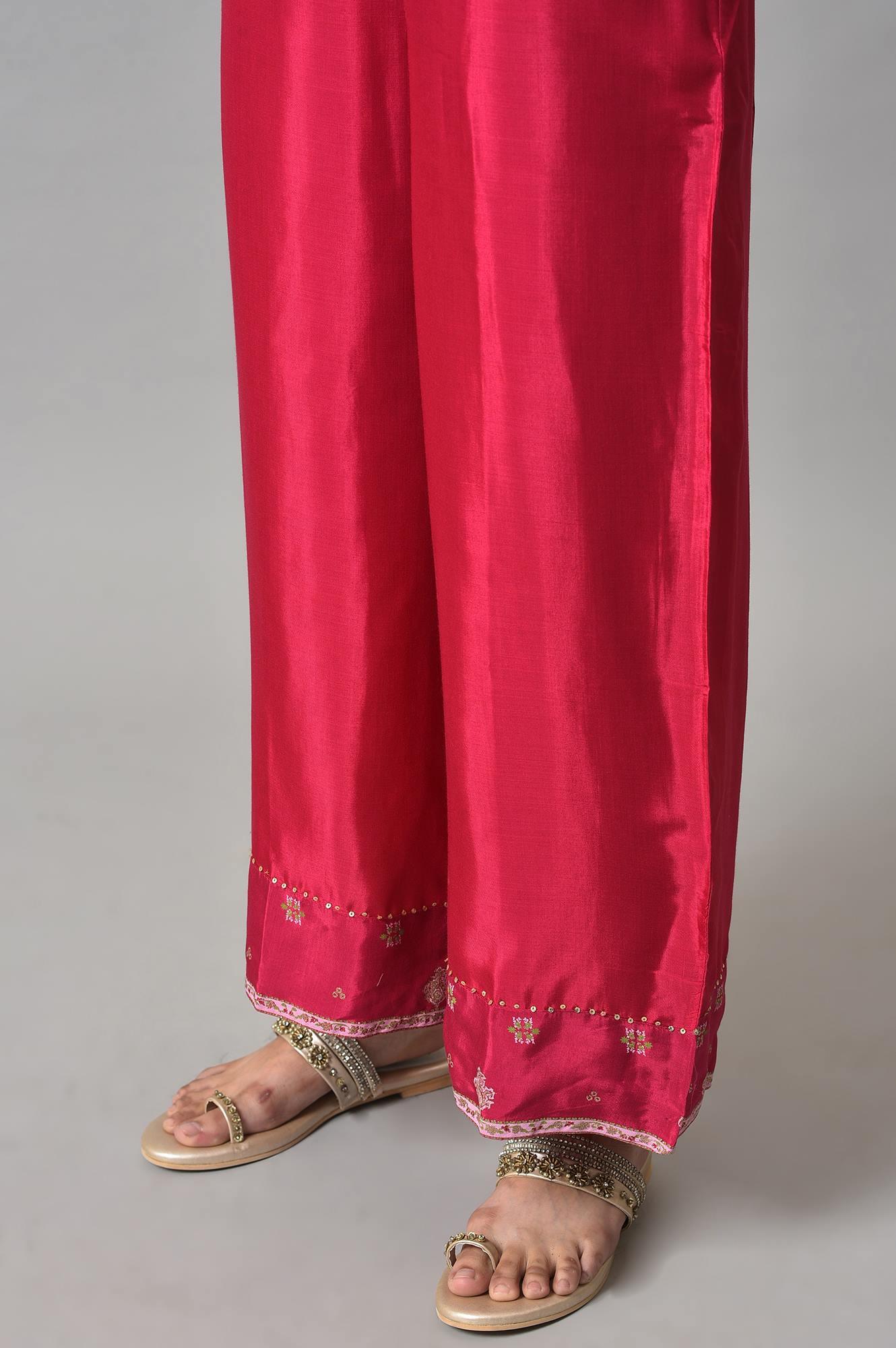 Dark Green Embroidered Festive kurta With Pink Parallel Pants - wforwoman