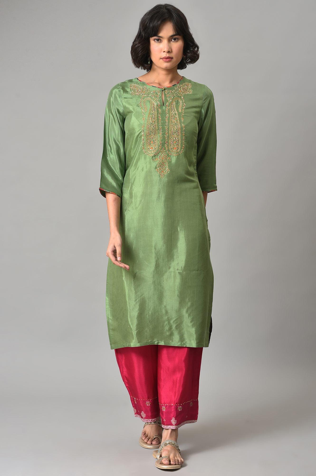 Dark Green Embroidered Festive kurta With Pink Parallel Pants - wforwoman