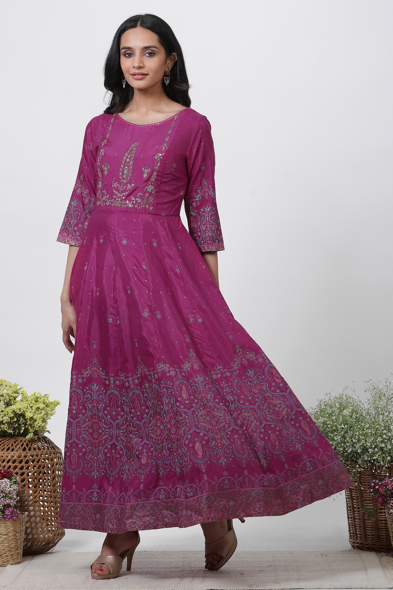 Purple Embroidered Flared Dress And Dupatta Set