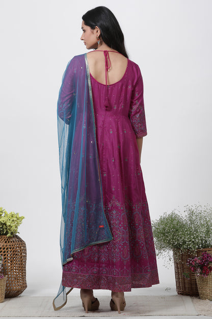 Purple Embroidered Flared Dress And Dupatta Set