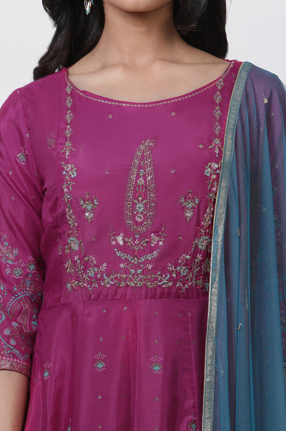Purple Embroidered Flared Dress And Dupatta Set
