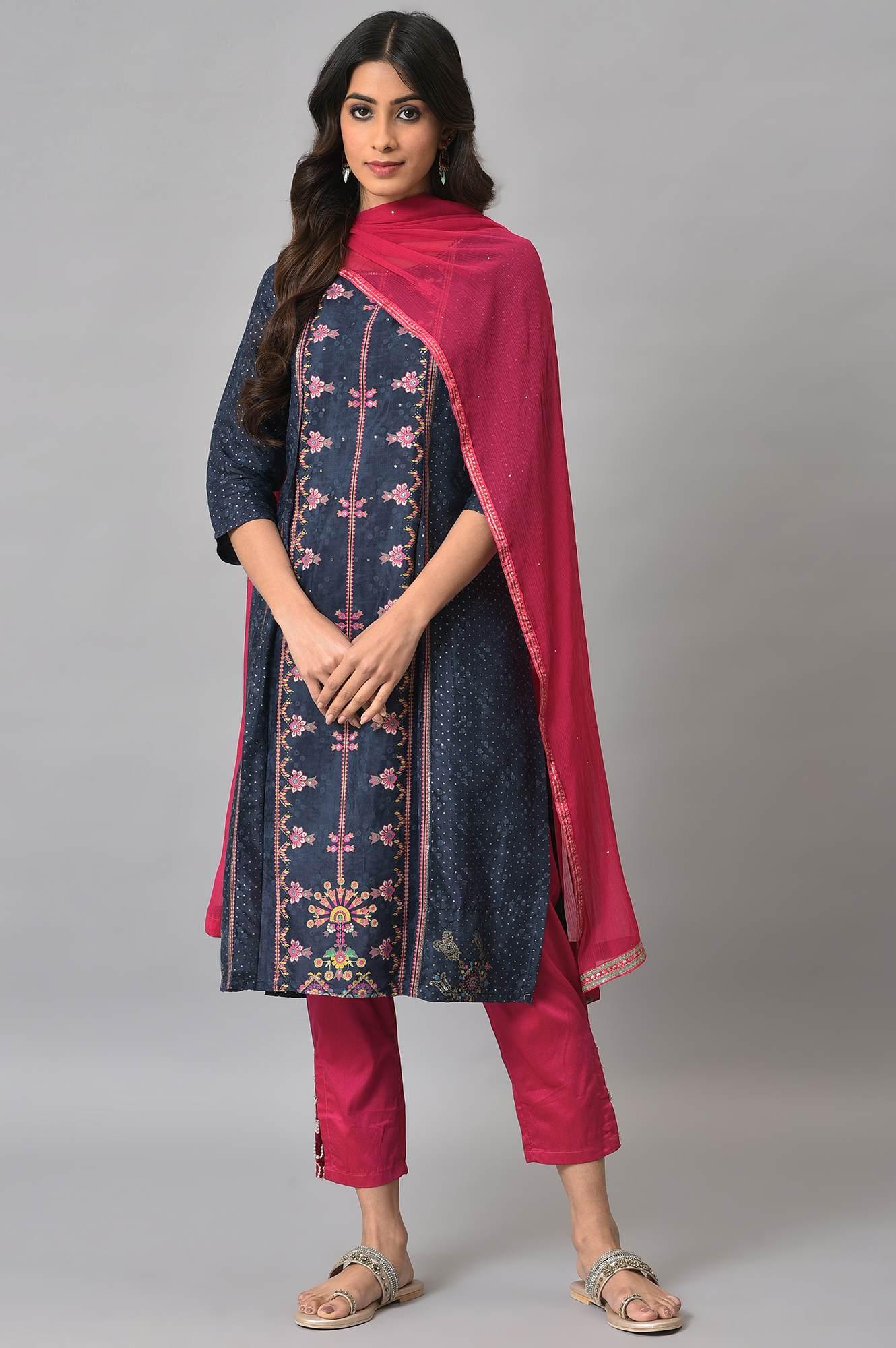 Royal Blue Mock Layered Festive kurta With Pink Slim Pants And Chiffon Dupatta - wforwoman