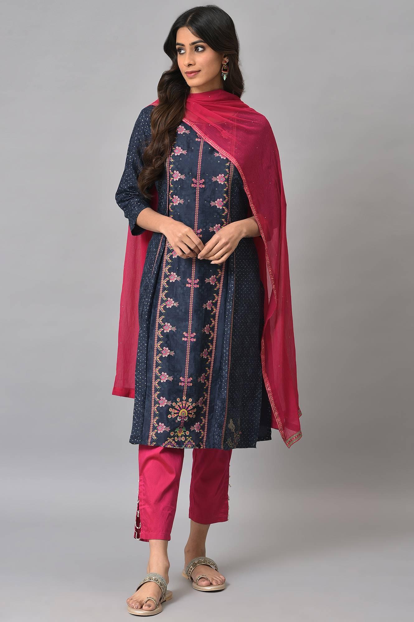 Royal Blue Mock Layered Festive kurta With Pink Slim Pants And Chiffon Dupatta - wforwoman