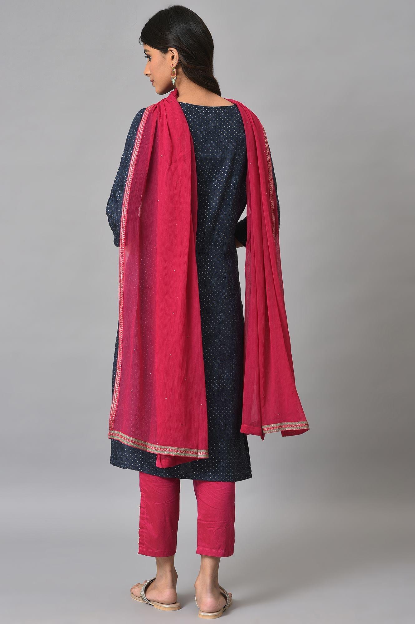 Royal Blue Mock Layered Festive kurta With Pink Slim Pants And Chiffon Dupatta - wforwoman