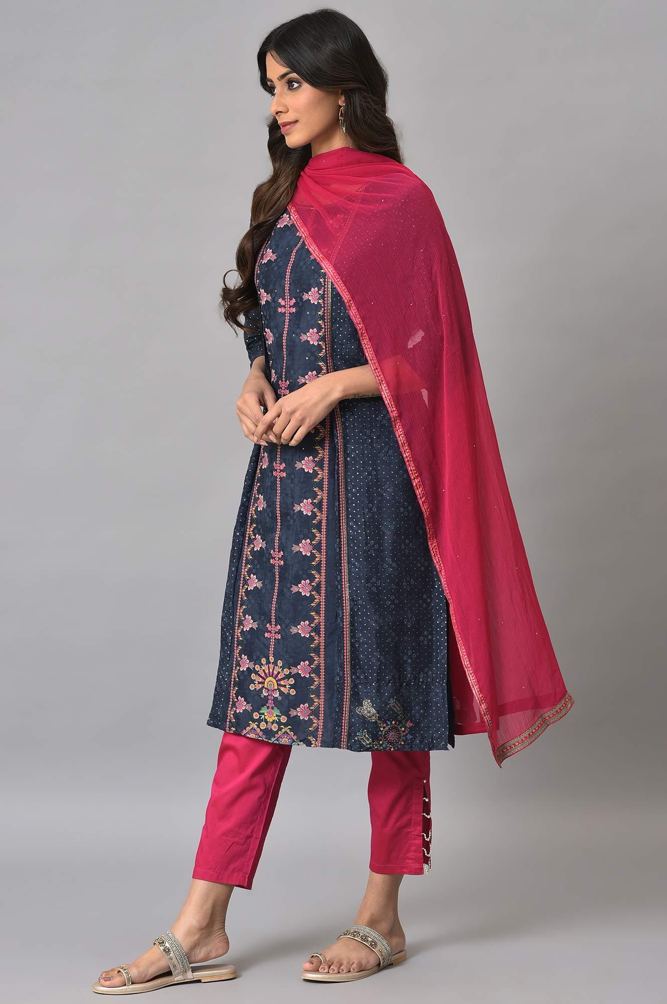 Royal Blue Mock Layered Festive kurta With Pink Slim Pants And Chiffon Dupatta - wforwoman