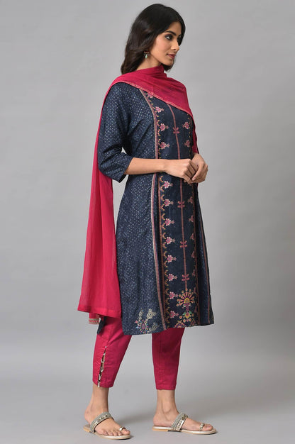 Royal Blue Mock Layered Festive kurta With Pink Slim Pants And Chiffon Dupatta - wforwoman