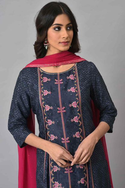 Royal Blue Mock Layered Festive kurta With Pink Slim Pants And Chiffon Dupatta - wforwoman