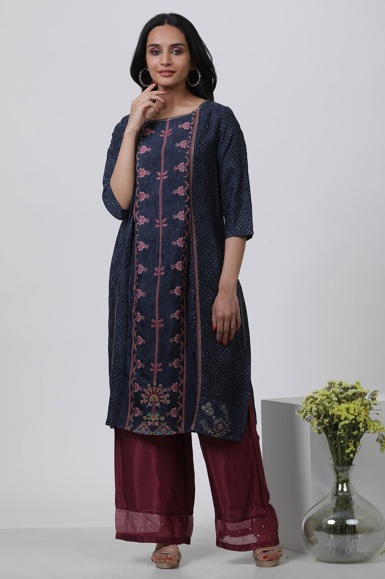 Blue Mock Layered Kurta And Parallel Pants Set