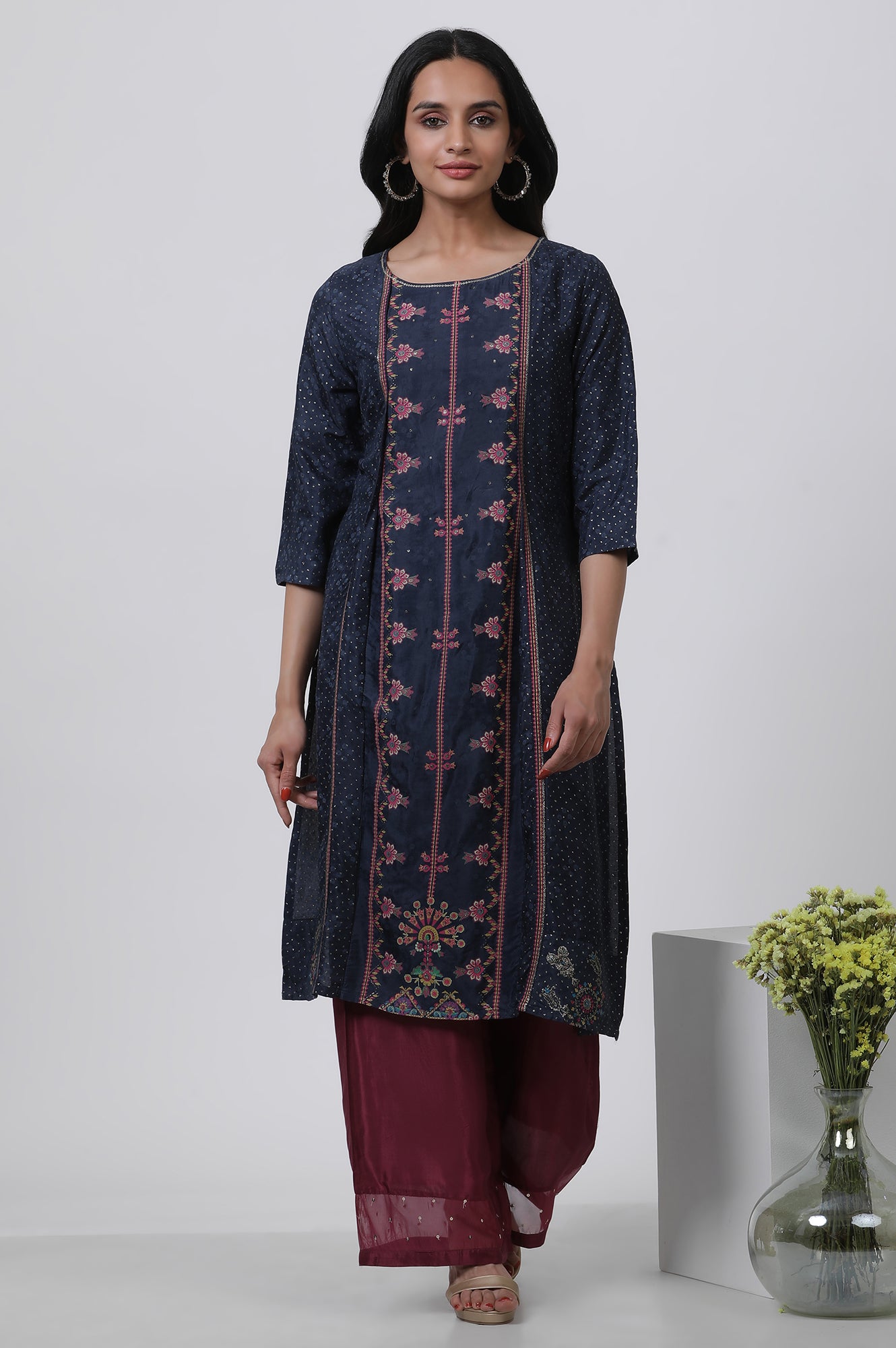 Blue Mock Layered Kurta And Parallel Pants Set