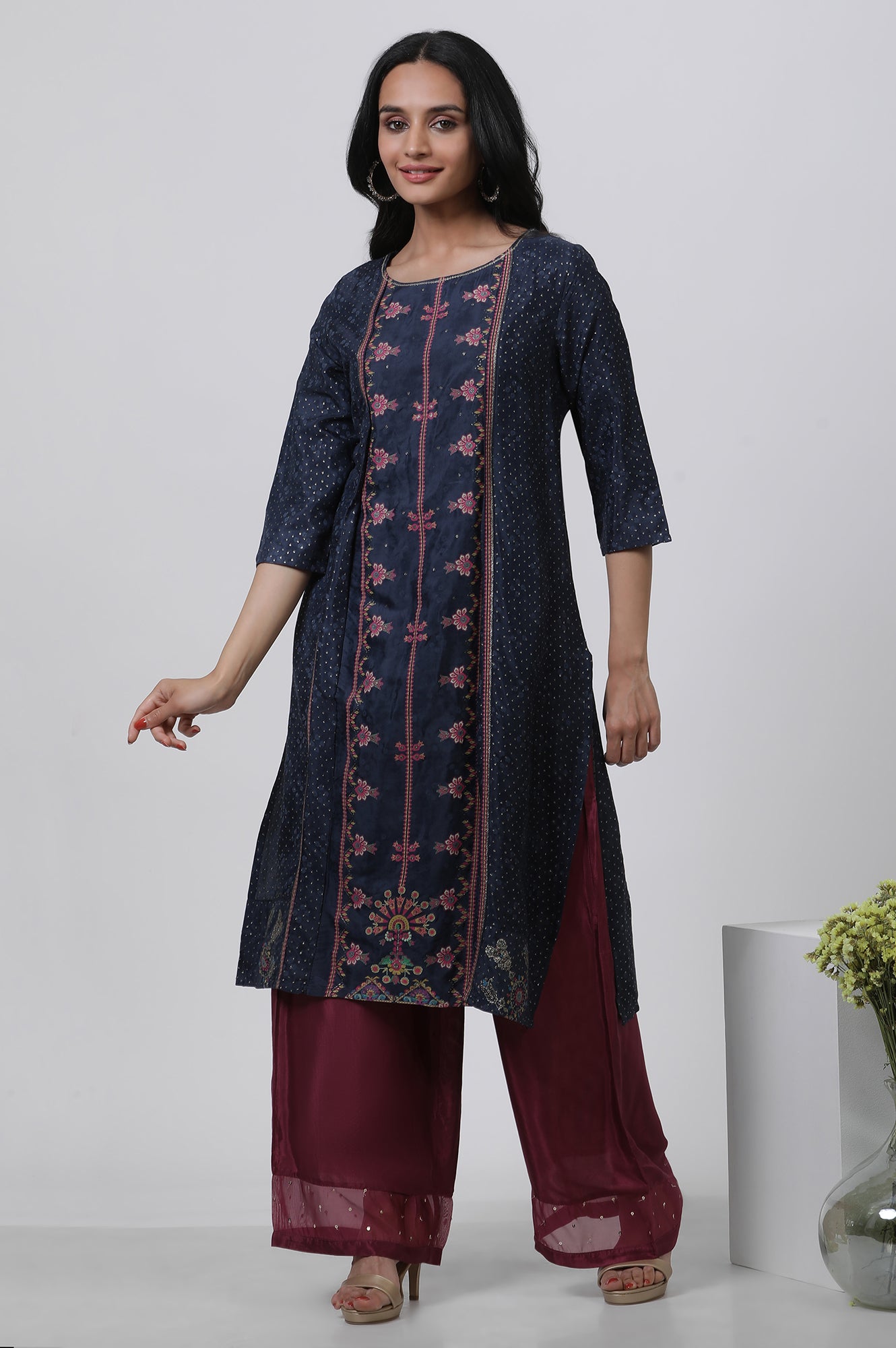 Blue Mock Layered Kurta And Parallel Pants Set