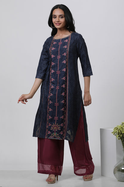 Blue Mock Layered Kurta And Parallel Pants Set