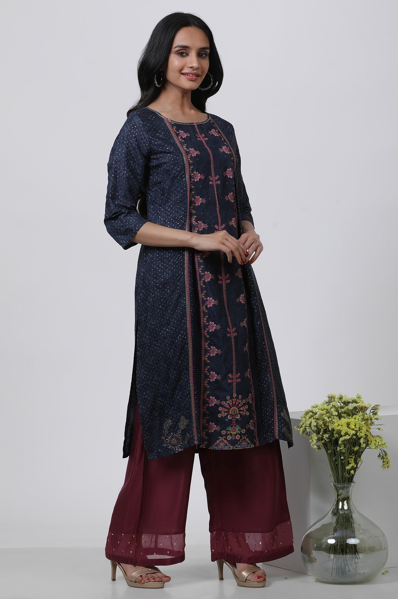 Blue Mock Layered Kurta And Parallel Pants Set