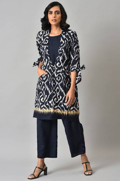 Blue Ikkat Printed Blaser with Top and Straight Pants Co-ord Set