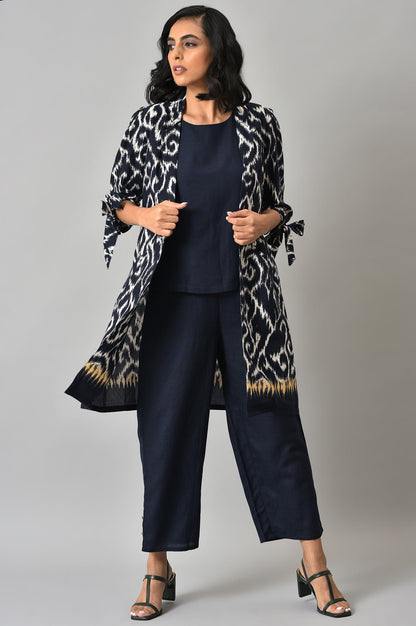 Blue Ikkat Printed Blaser with Top and Straight Pants Co-ord Set