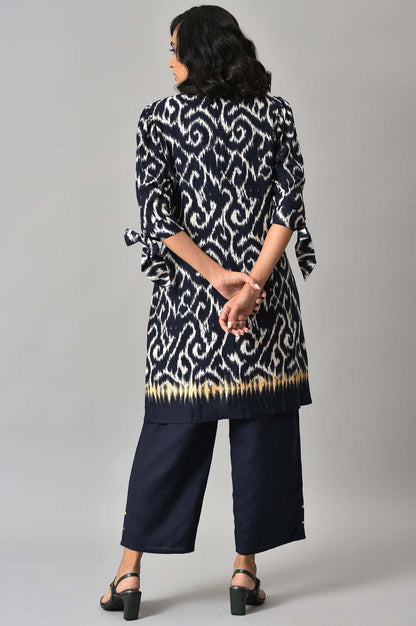 Blue Ikkat Printed Blaser with Top and Straight Pants Co-ord Set