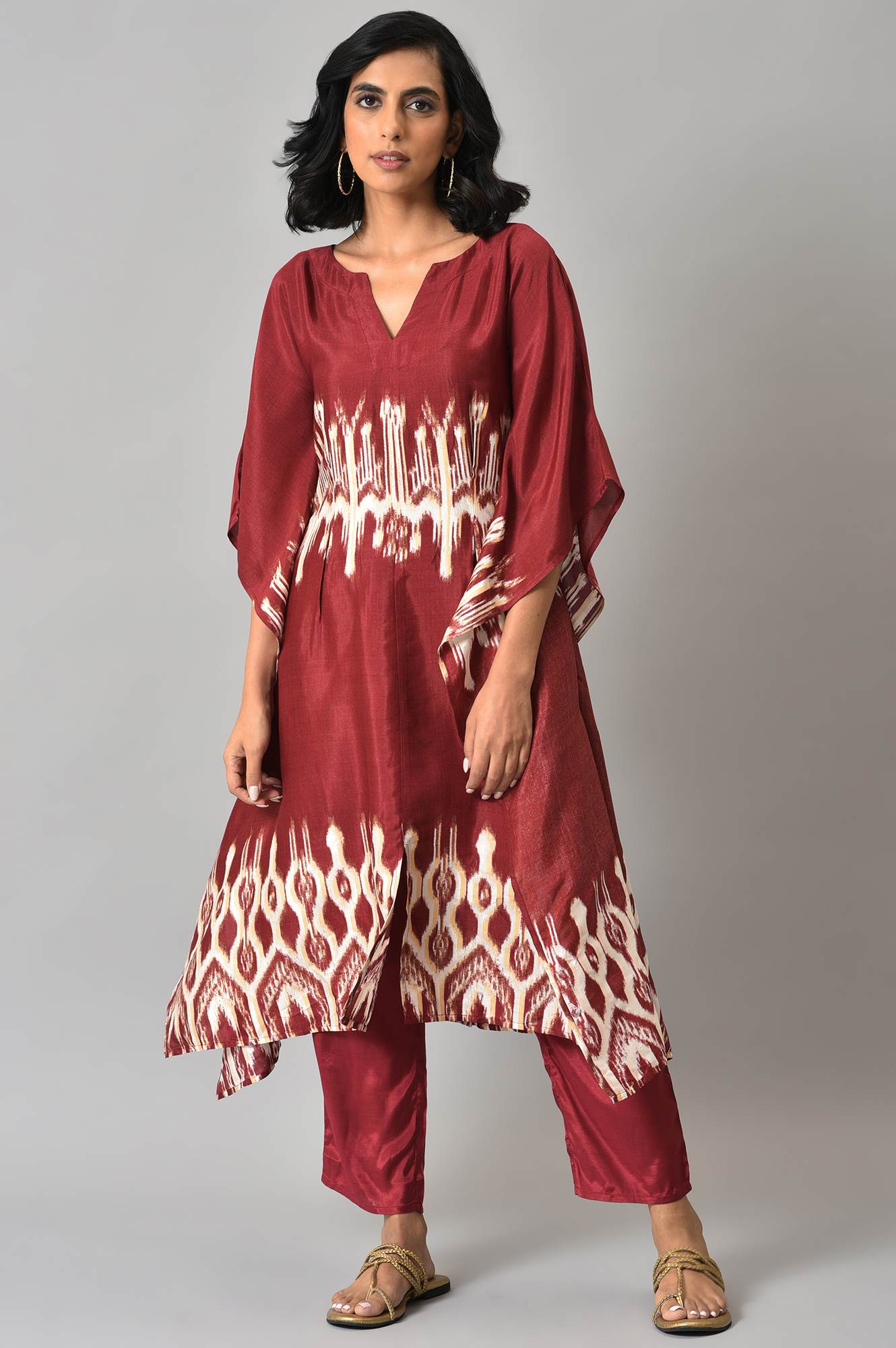 Dark Red Placement Ikkat Print Kaftan with Straight Pants Co-ord Set