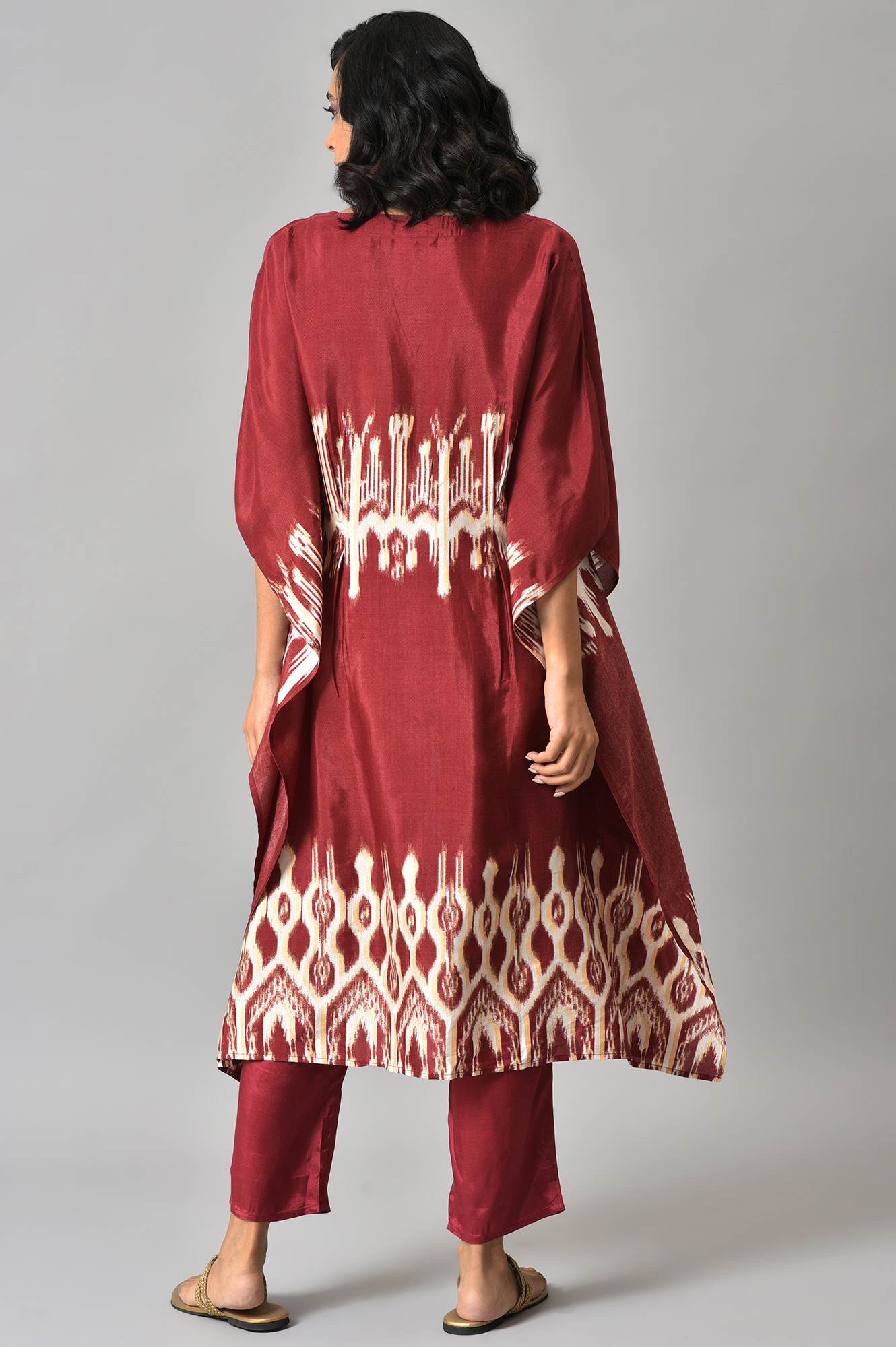 Dark Red Placement Ikkat Print Kaftan with Straight Pants Co-ord Set