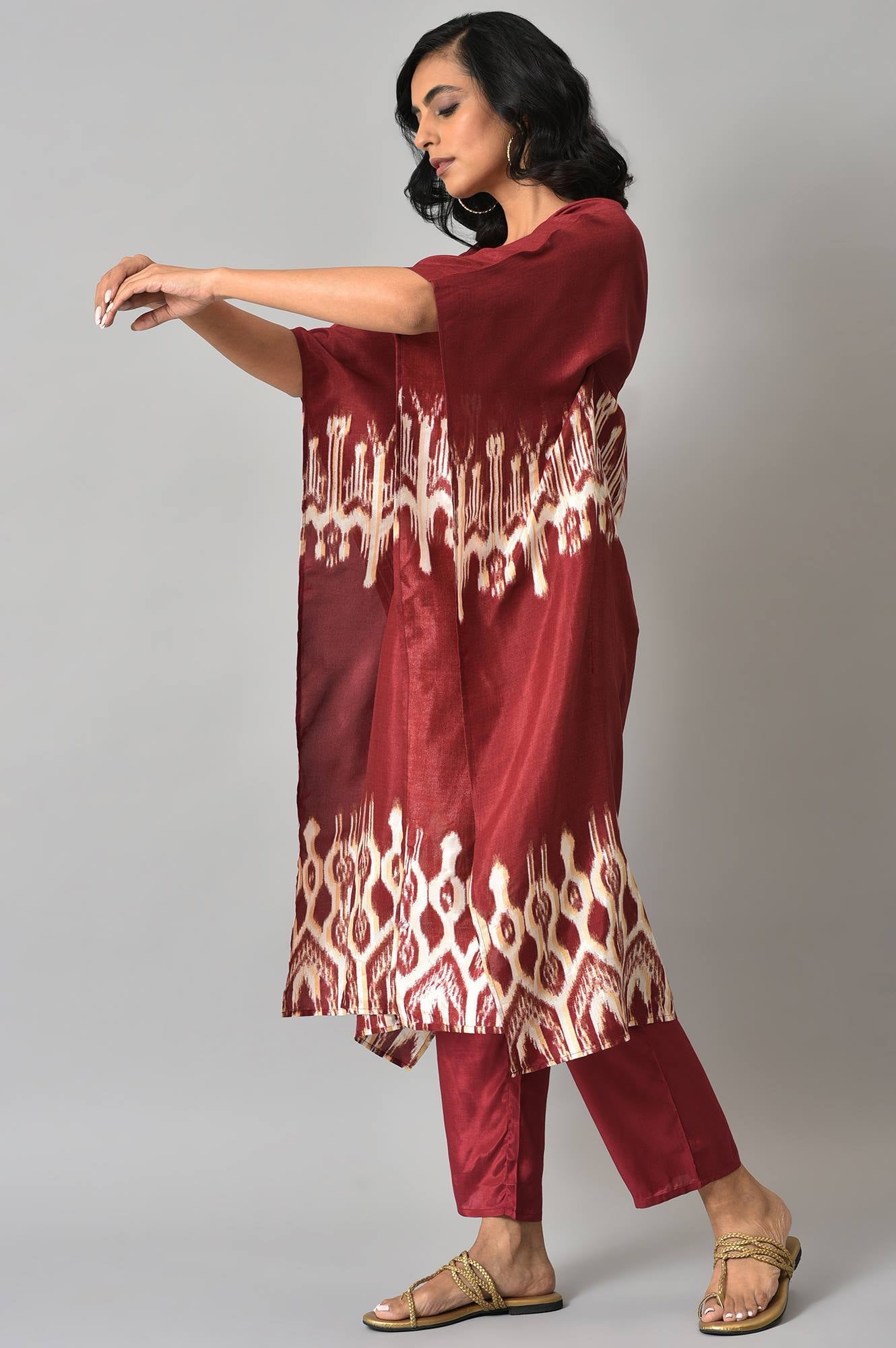 Dark Red Placement Ikkat Print Kaftan with Straight Pants Co-ord Set