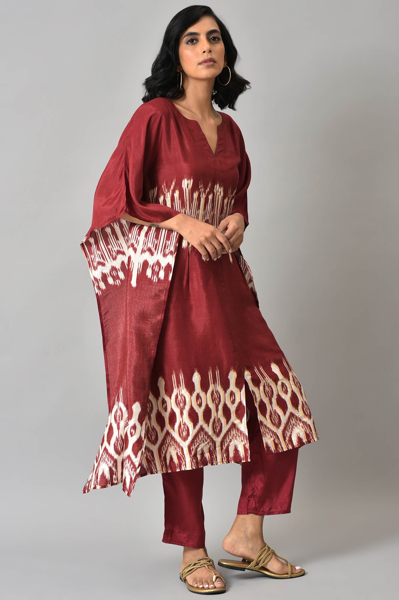 Dark Red Placement Ikkat Print Kaftan with Straight Pants Co-ord Set