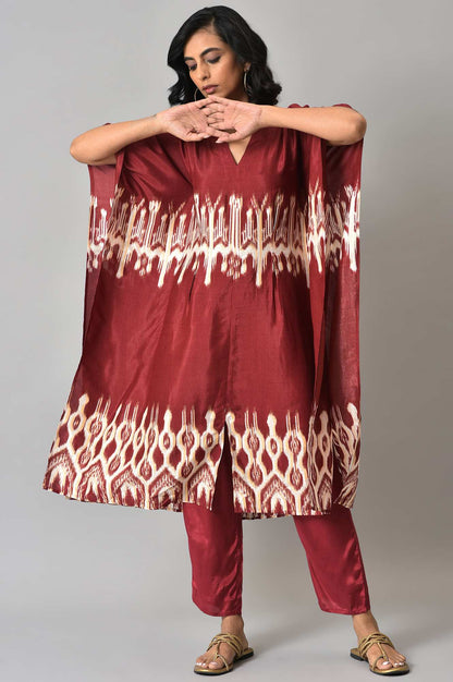 Dark Red Placement Ikkat Print Kaftan with Straight Pants Co-ord Set