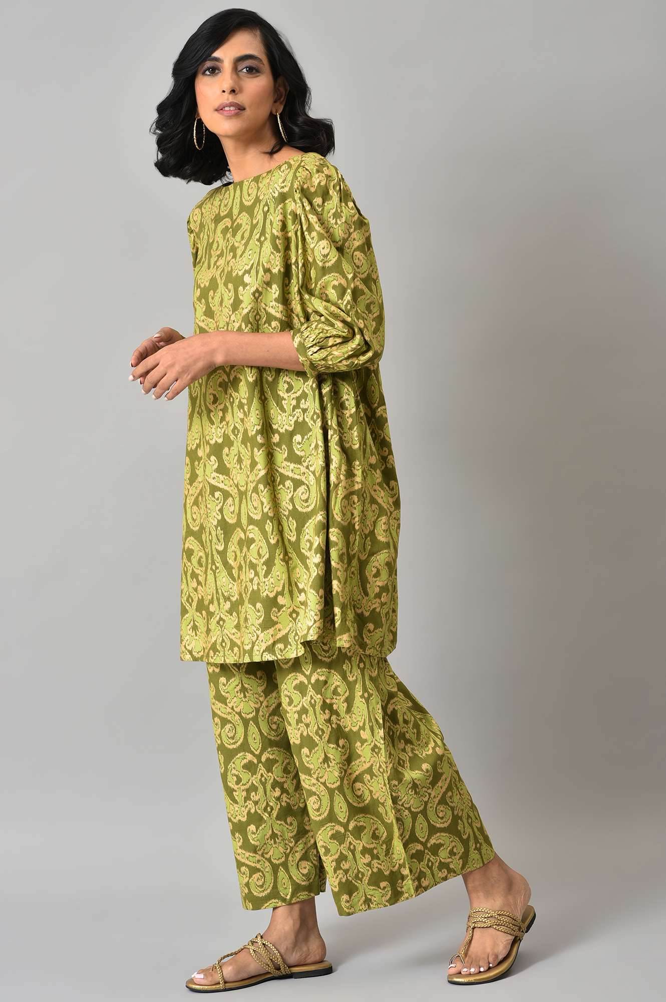 Green Ikkat Printed Tunic with Parallel Pants Co-ord Set