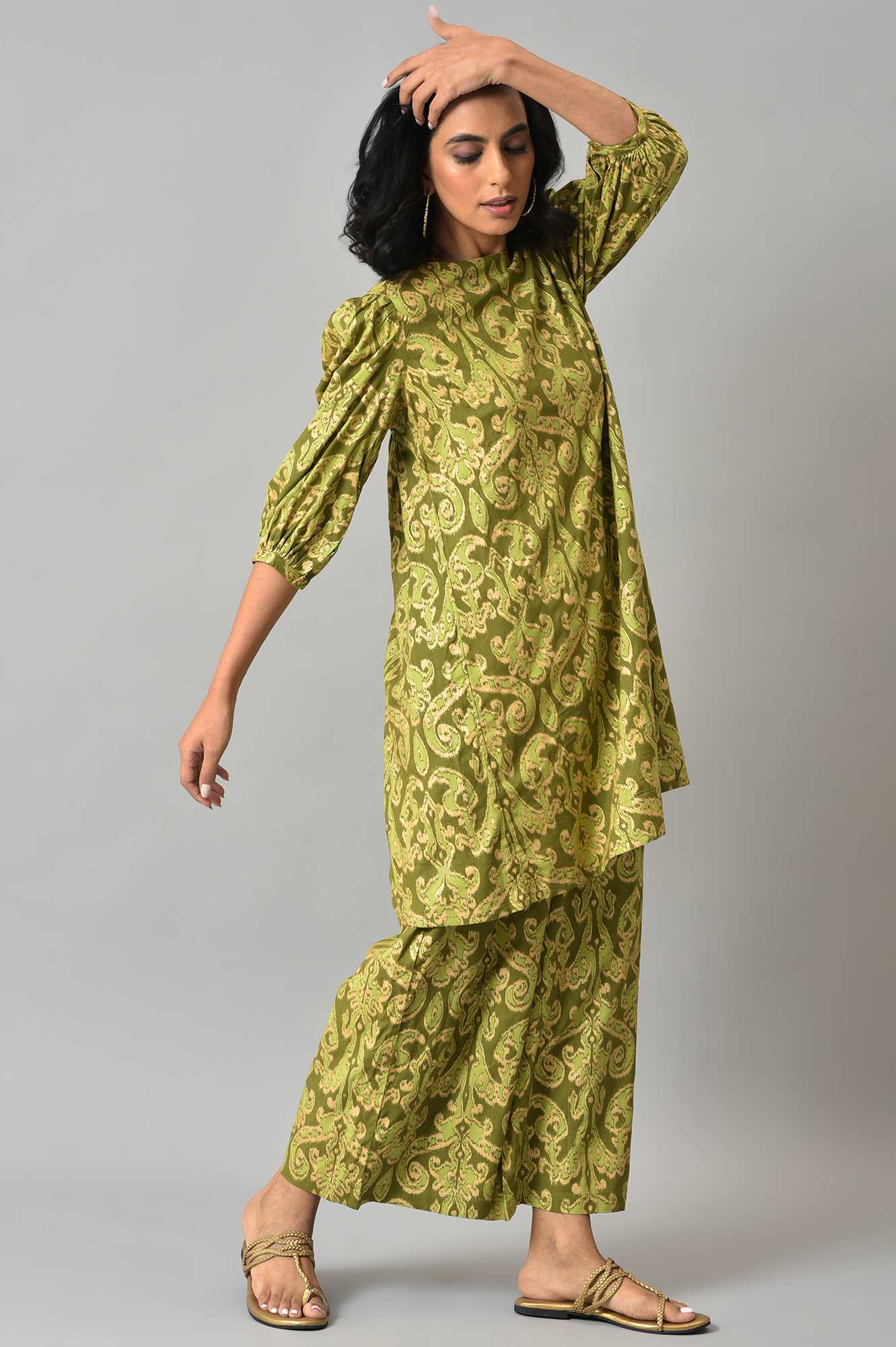 Green Ikkat Printed Tunic with Parallel Pants Co-ord Set