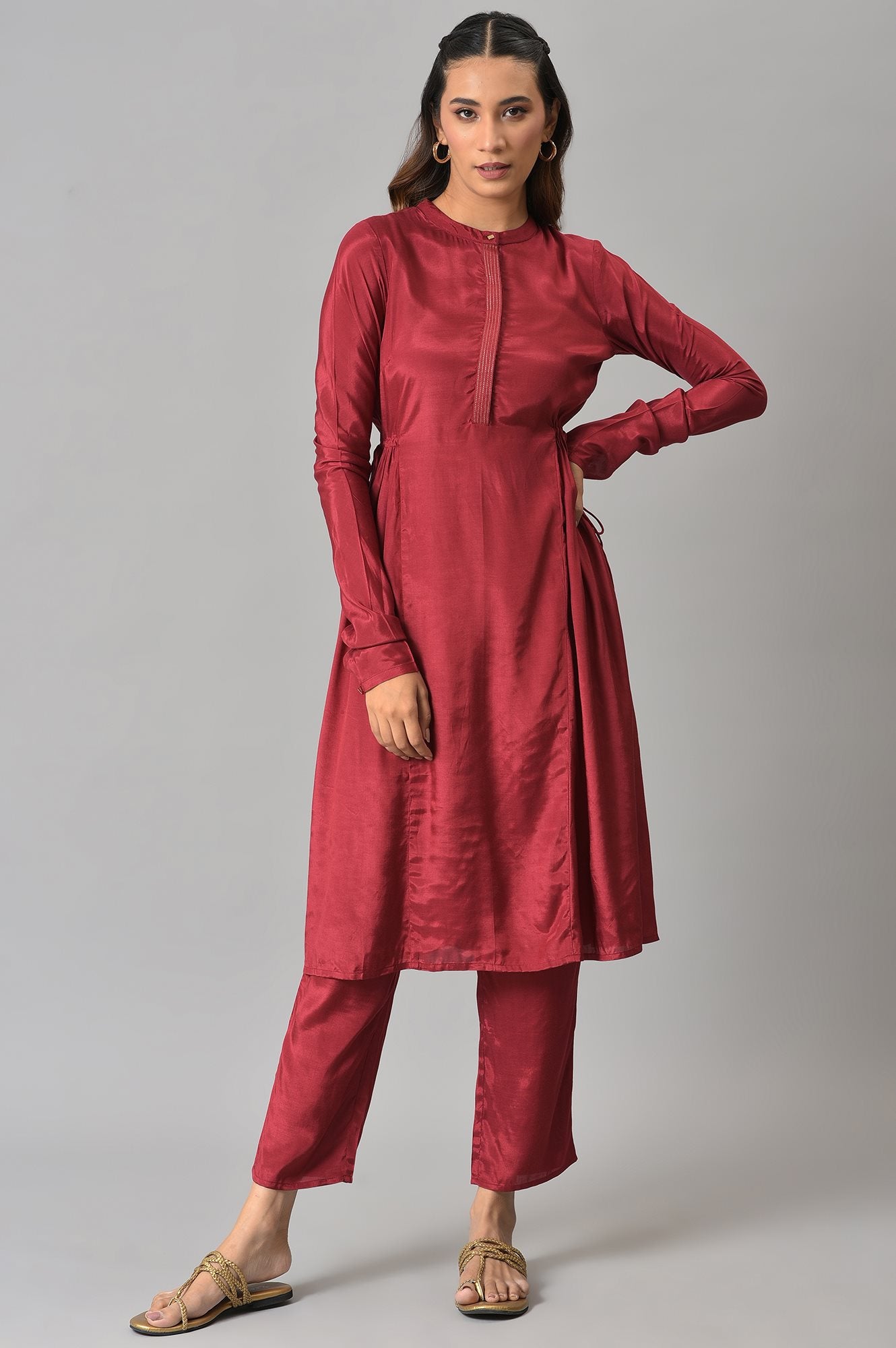 Dark Red Zari TopStitched Placket kurta with Straight Pants Co-ord Set