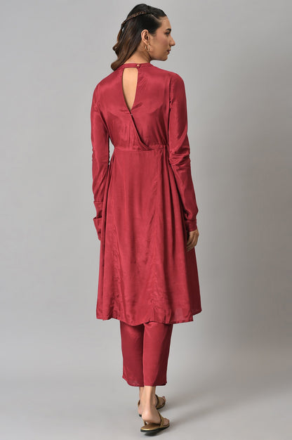 Dark Red Zari TopStitched Placket kurta with Straight Pants Co-ord Set