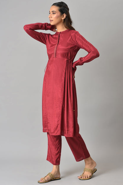 Dark Red Zari TopStitched Placket kurta with Straight Pants Co-ord Set