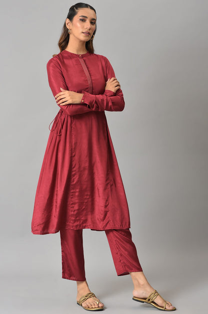 Dark Red Zari TopStitched Placket kurta with Straight Pants Co-ord Set