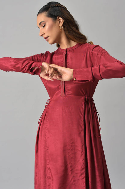 Dark Red Zari TopStitched Placket kurta with Straight Pants Co-ord Set