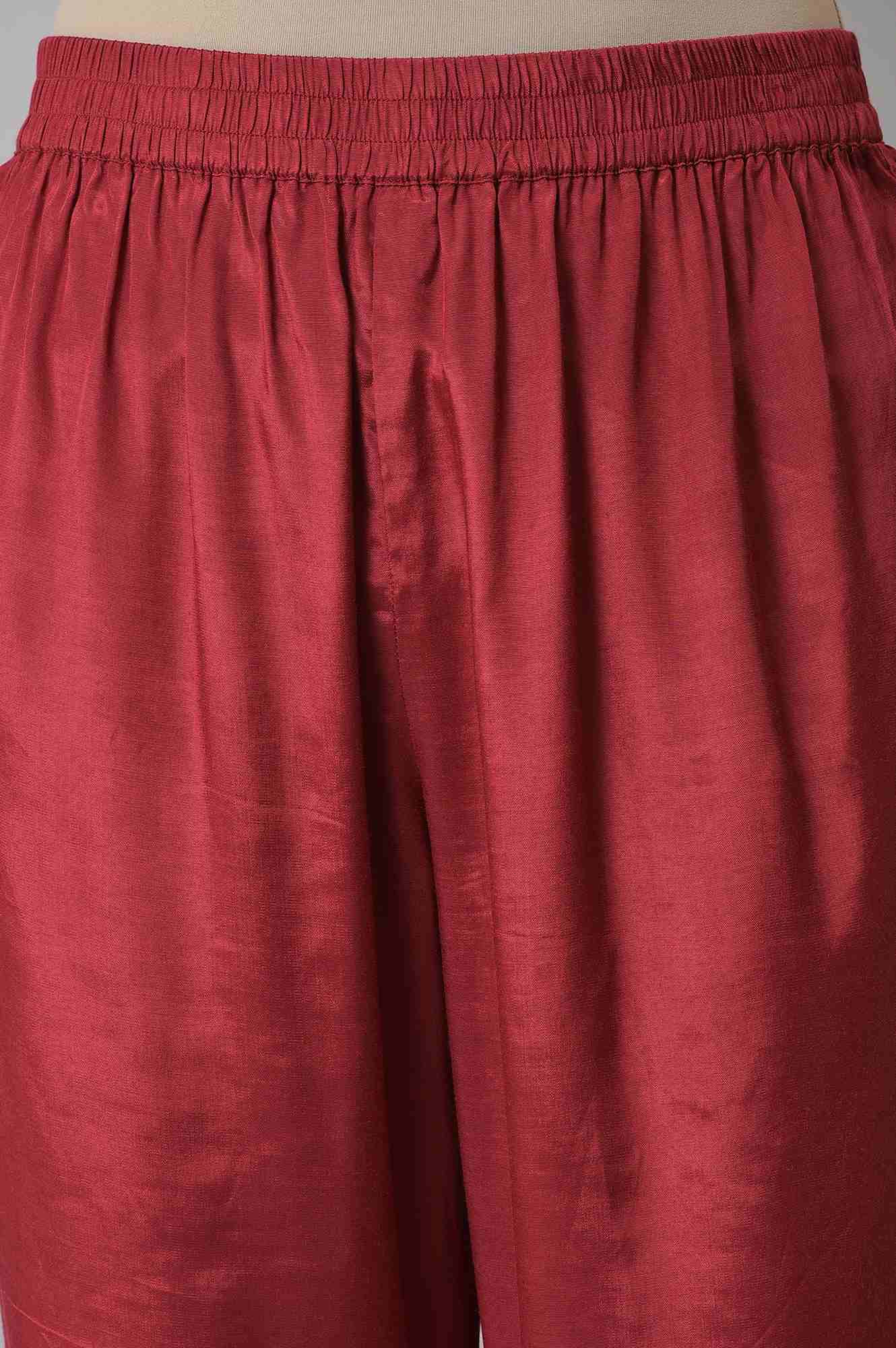 Dark Red Zari TopStitched Placket kurta with Straight Pants Co-ord Set