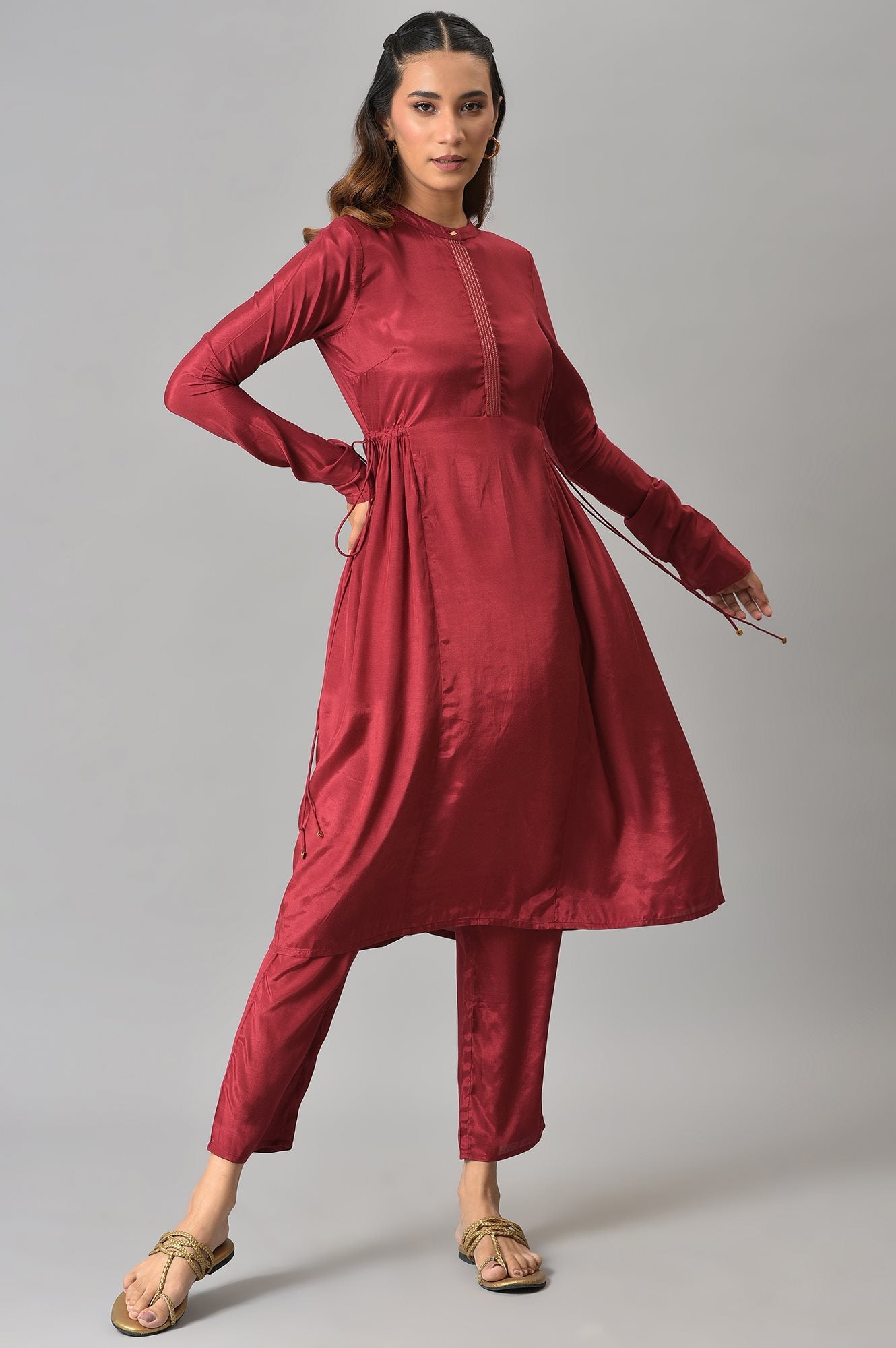 Dark Red Zari TopStitched Placket kurta with Straight Pants Co-ord Set