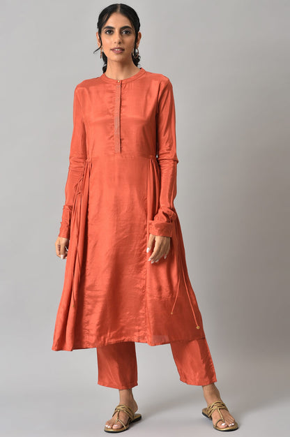 Orange Zari TopStitched Placket kurta with Straight Pants Co-ord Set