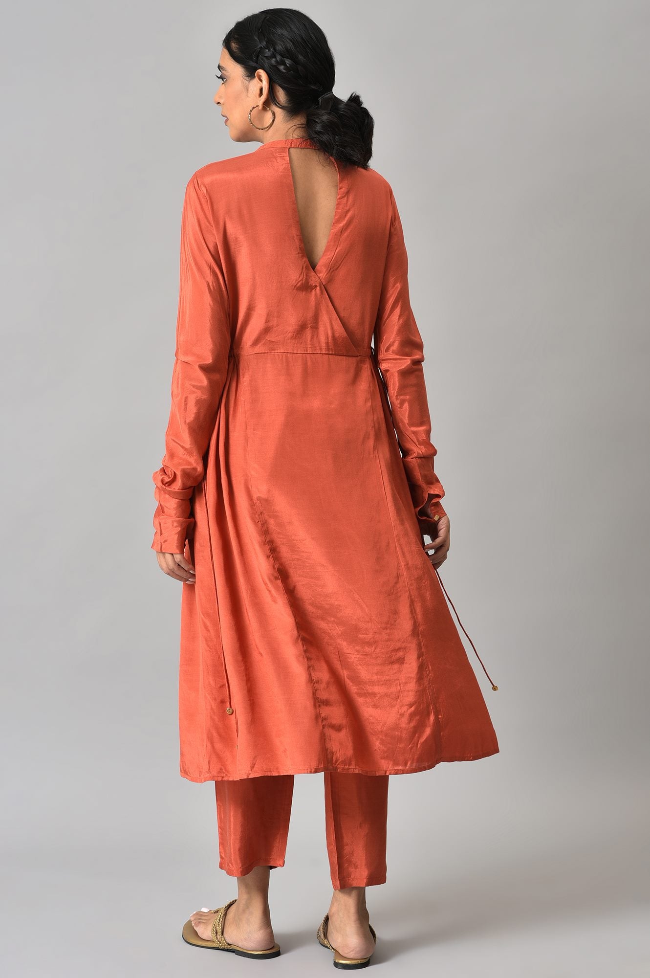 Orange Zari TopStitched Placket kurta with Straight Pants Co-ord Set